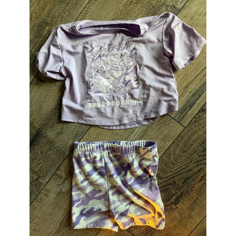 Bass Pro Shops Girls‎ 2 Piece Outfit Lavender Purple Fish Graphic Camo Shorts 3T